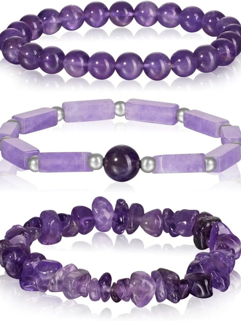 Set of 3 Handmade Natural Stone Beaded Bracelets - 8mm Healing Crystal Jewelry